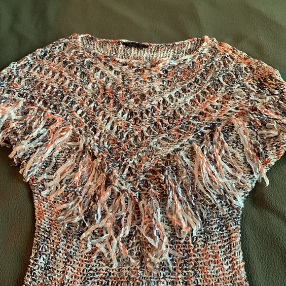 BCBG Max Azria open knit, multi colored, fringed short sleeve sweater. Size M - Picture 3 of 5